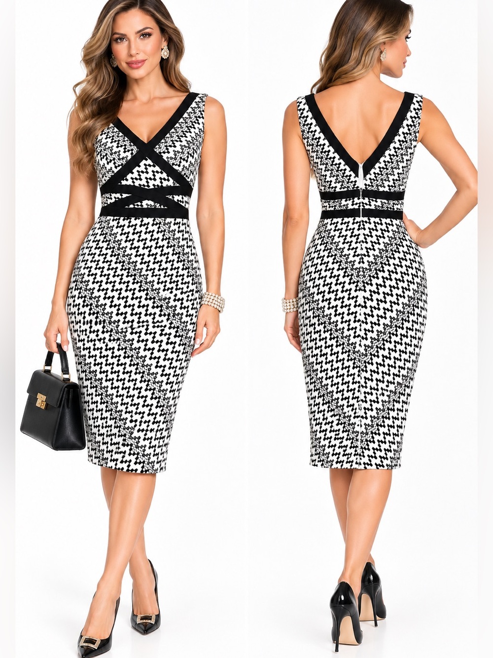 Kay Unger Black White Houndstooth Sheath Dress 2 Sleeveless Career Cocktail luxe